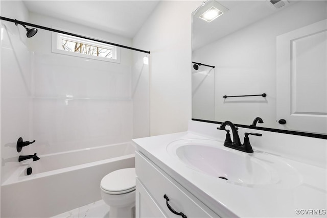 bathroom featuring vanity, toilet, tub / shower combination, and visible vents