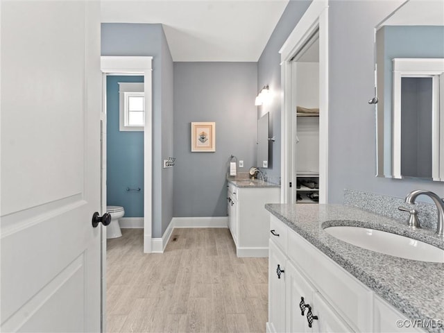 full bathroom featuring wood finished floors, baseboards, two vanities, a sink, and toilet