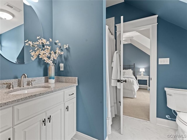 bathroom featuring vanity, baseboards, visible vents, toilet, and marble finish floor