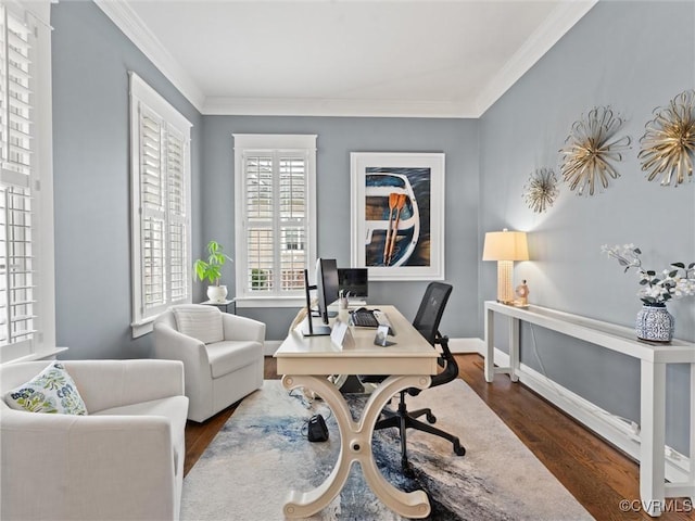 office featuring dark wood finished floors, baseboards, and ornamental molding