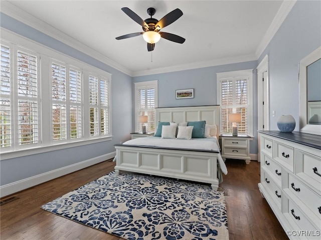 bedroom with visible vents, ceiling fan, baseboards, dark wood finished floors, and ornamental molding