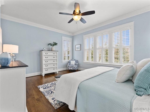 bedroom with a ceiling fan, crown molding, dark wood-style floors, and baseboards