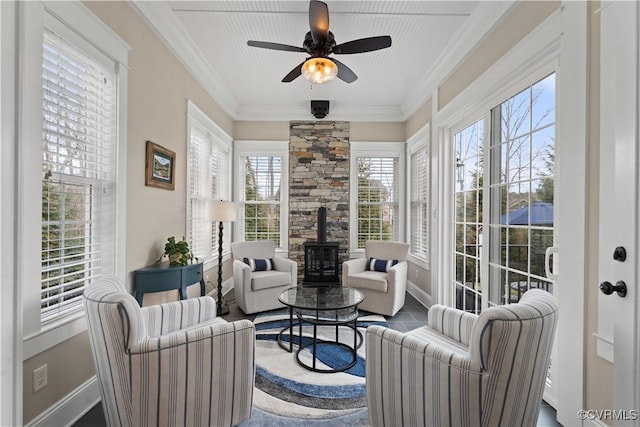 interior space featuring a ceiling fan and a wood stove