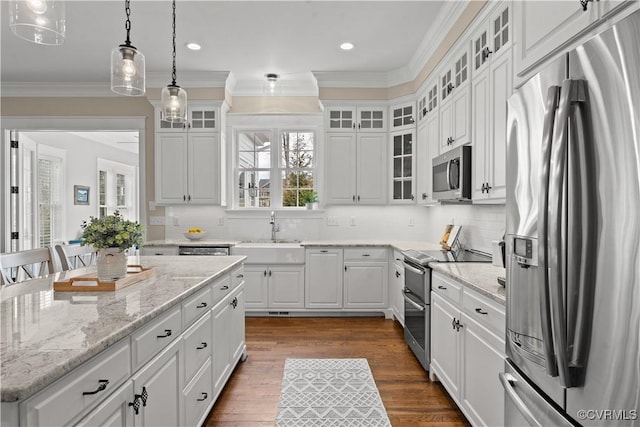 kitchen featuring dark wood finished floors, appliances with stainless steel finishes, and crown molding