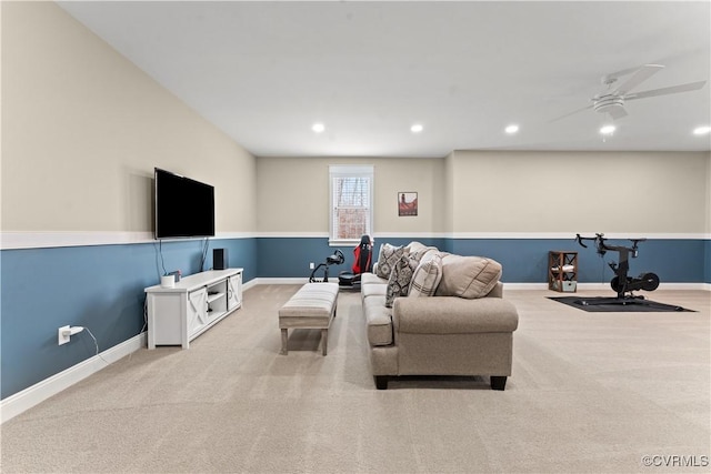 living area featuring recessed lighting, baseboards, carpet, and a ceiling fan