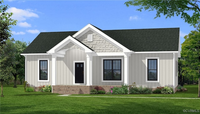 view of front of house with brick siding, board and batten siding, and a front lawn