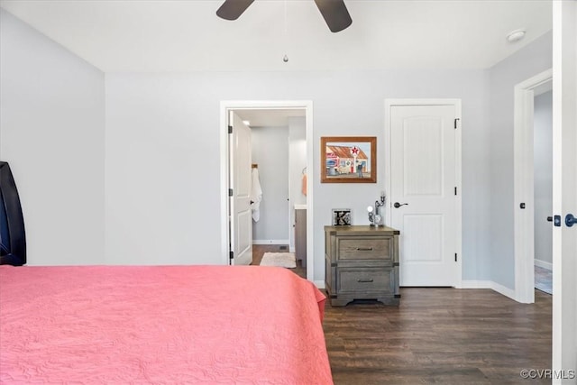 bedroom featuring ceiling fan, connected bathroom, baseboards, and dark wood-style floors