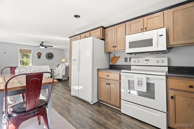 kitchen with white appliances, dark wood finished floors, ceiling fan, dark countertops, and open floor plan