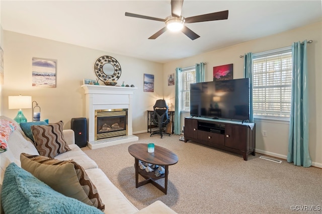 carpeted living room with a glass covered fireplace, baseboards, and a wealth of natural light