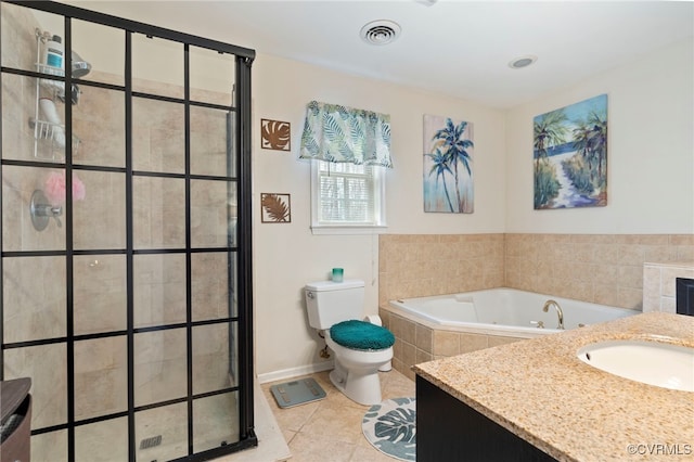 bathroom featuring visible vents, a garden tub, tiled shower, tile patterned floors, and a sink