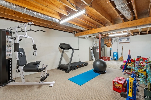 workout room with electric panel and water heater