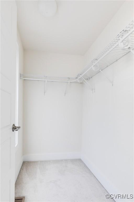 walk in closet featuring light colored carpet