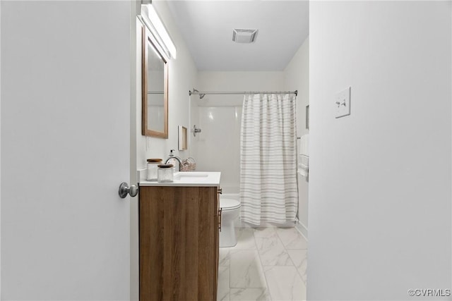 full bath featuring visible vents, toilet, marble finish floor, and vanity