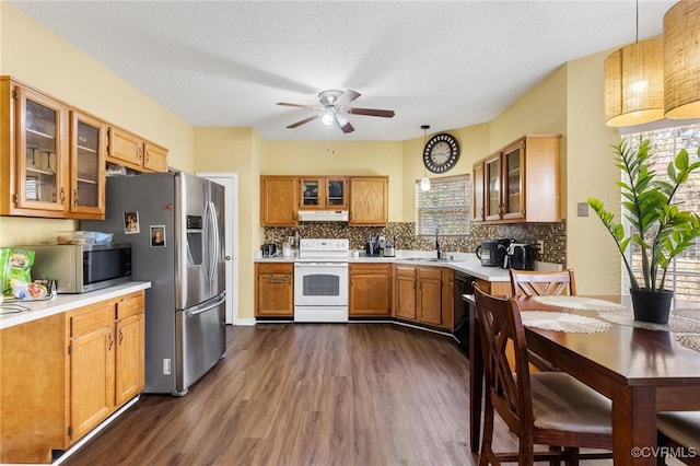 kitchen featuring under cabinet range hood, dark wood-style floors, stainless steel appliances, light countertops, and decorative backsplash