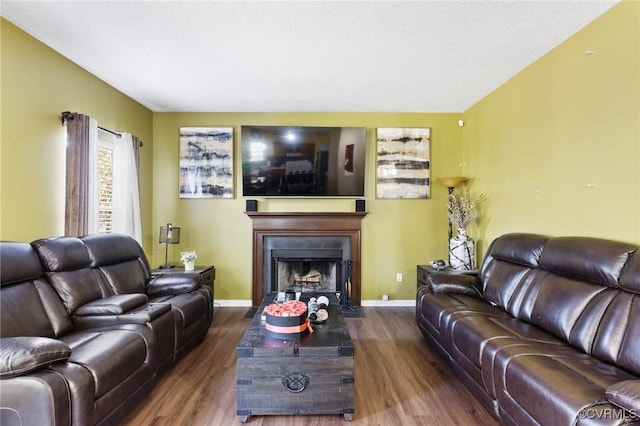 living room featuring a fireplace with flush hearth, baseboards, and wood finished floors