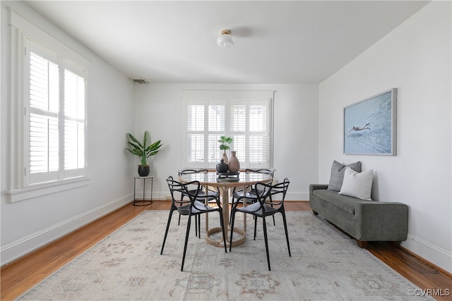 dining room with wood finished floors, visible vents, and baseboards