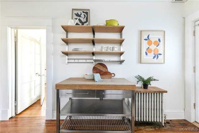 interior details featuring radiator heating unit, wood finished floors, and visible vents