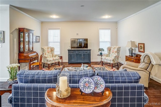 living area with baseboards, plenty of natural light, ornamental molding, and dark wood-style flooring