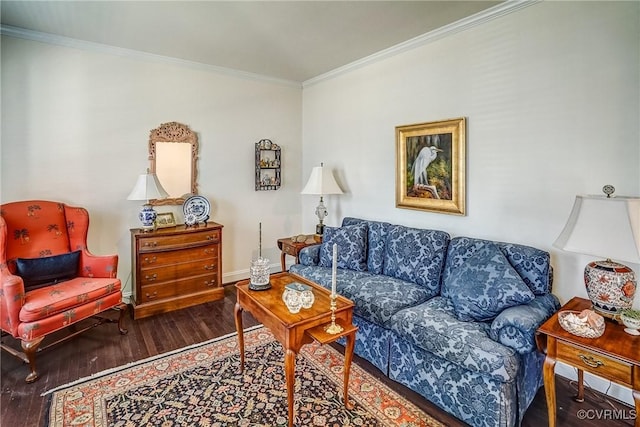 living room with baseboards, wood finished floors, and crown molding