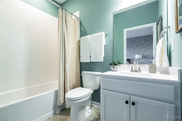 full bath featuring toilet, vanity, and shower / bath combination with curtain