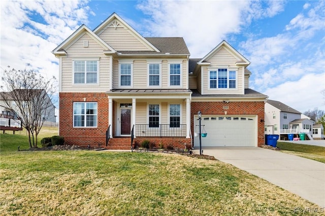 view of front facade with a front yard, driveway, an attached garage, covered porch, and brick siding