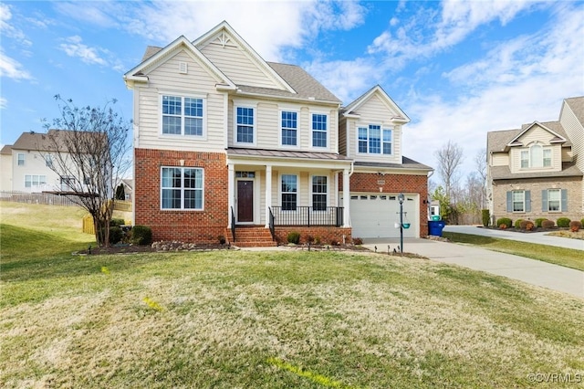 view of front of property featuring brick siding, covered porch, concrete driveway, and a front yard