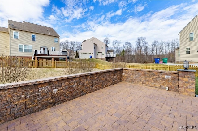 view of patio / terrace featuring a fenced backyard and a residential view