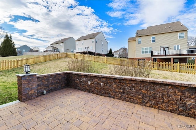 view of patio featuring a fenced backyard and a residential view