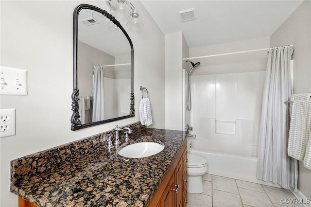 full bath featuring visible vents, toilet, shower / bath combo with shower curtain, tile patterned floors, and vanity