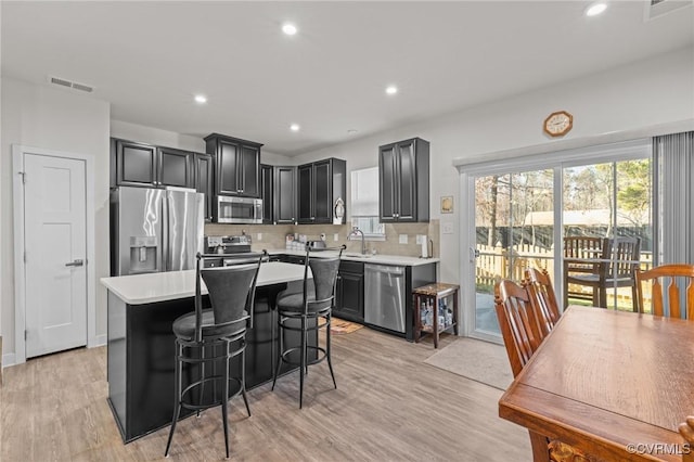 kitchen featuring a kitchen island, light countertops, decorative backsplash, light wood-style flooring, and stainless steel appliances