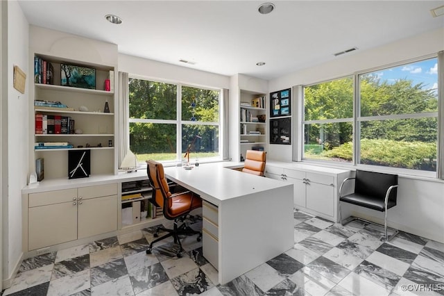 office area featuring recessed lighting, visible vents, and a wealth of natural light