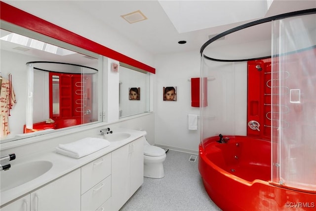 full bathroom with a shower with door, double vanity, a tub, and a sink