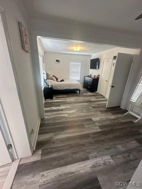 bedroom featuring multiple windows and wood finished floors