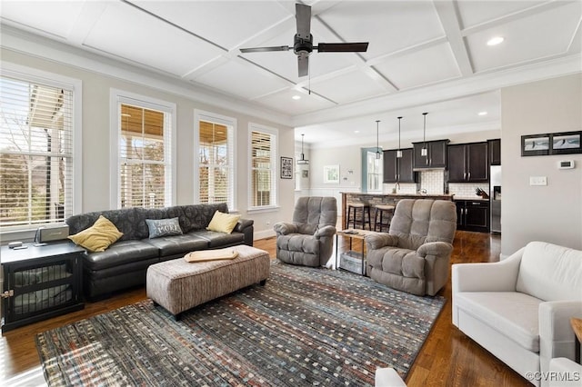 living room featuring recessed lighting, coffered ceiling, dark wood finished floors, and a ceiling fan