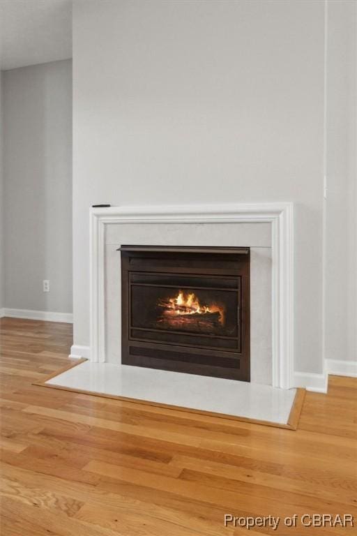 details with baseboards, a lit fireplace, and wood finished floors