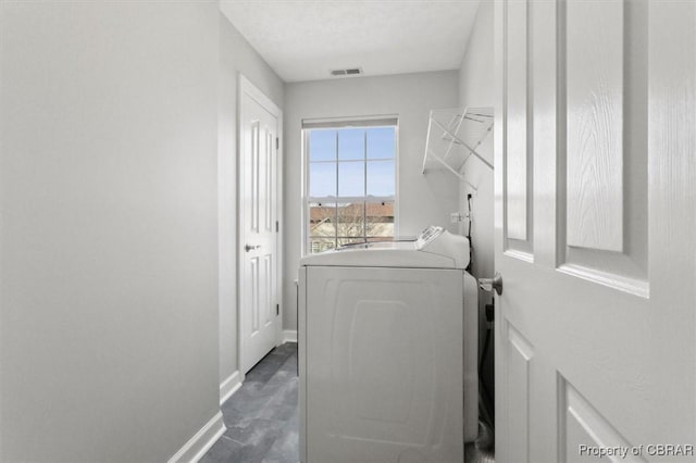 laundry area with visible vents, baseboards, washer / dryer, and laundry area