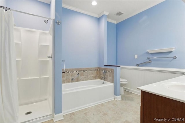 bathroom with visible vents, a shower stall, toilet, ornamental molding, and wainscoting