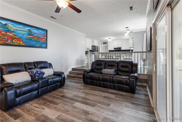 living area featuring a textured ceiling, dark wood-type flooring, visible vents, and ornamental molding