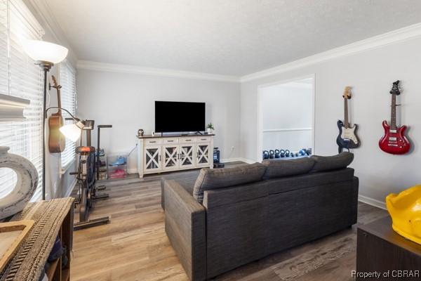 living area with wood finished floors, baseboards, and ornamental molding