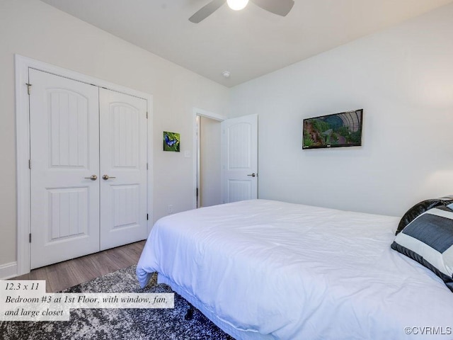 bedroom featuring a closet, ceiling fan, and wood finished floors