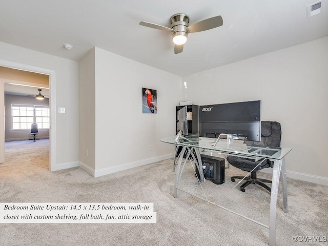 home office featuring visible vents, baseboards, and carpet