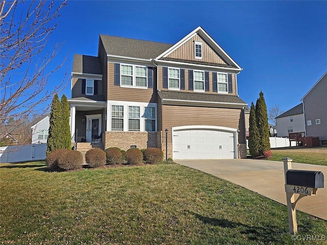 view of front facade with driveway, a front lawn, a garage, board and batten siding, and brick siding