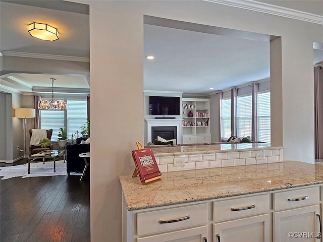 kitchen with crown molding, dark wood finished floors, open floor plan, a fireplace, and white cabinetry