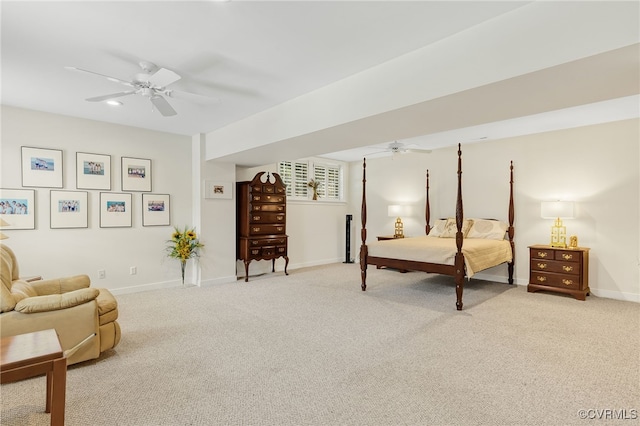 carpeted bedroom with recessed lighting, baseboards, and a ceiling fan