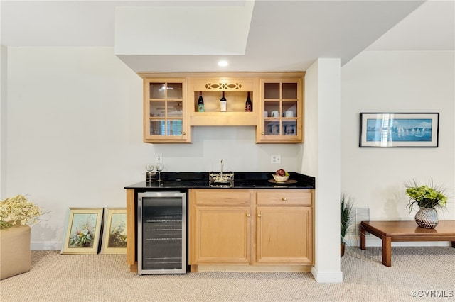 bar featuring baseboards, beverage cooler, light colored carpet, indoor wet bar, and recessed lighting