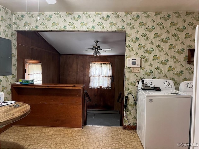 kitchen with electric panel, wallpapered walls, and washer / clothes dryer