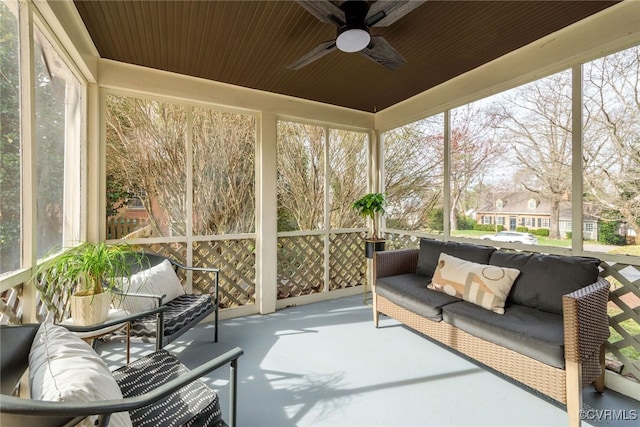 sunroom / solarium featuring ceiling fan and wooden ceiling