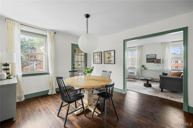 dining room featuring dark wood finished floors, baseboards, and a wealth of natural light