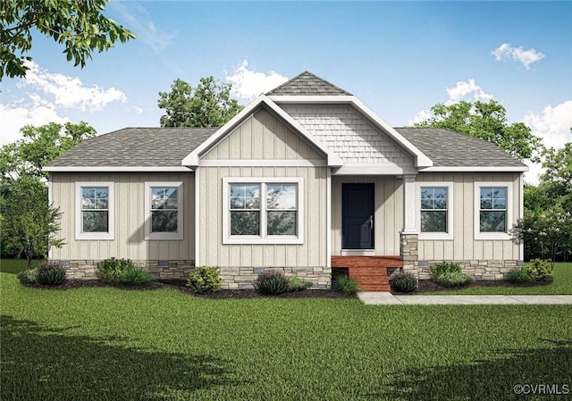 view of front facade with crawl space, board and batten siding, a shingled roof, and a front lawn