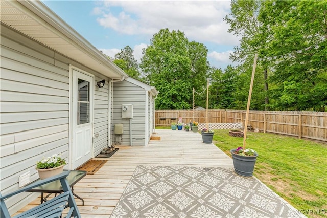 deck featuring a fenced backyard and a lawn